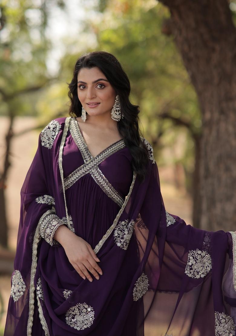 Violet Zari Work Georgette Anarkali With Dupatta - Indya