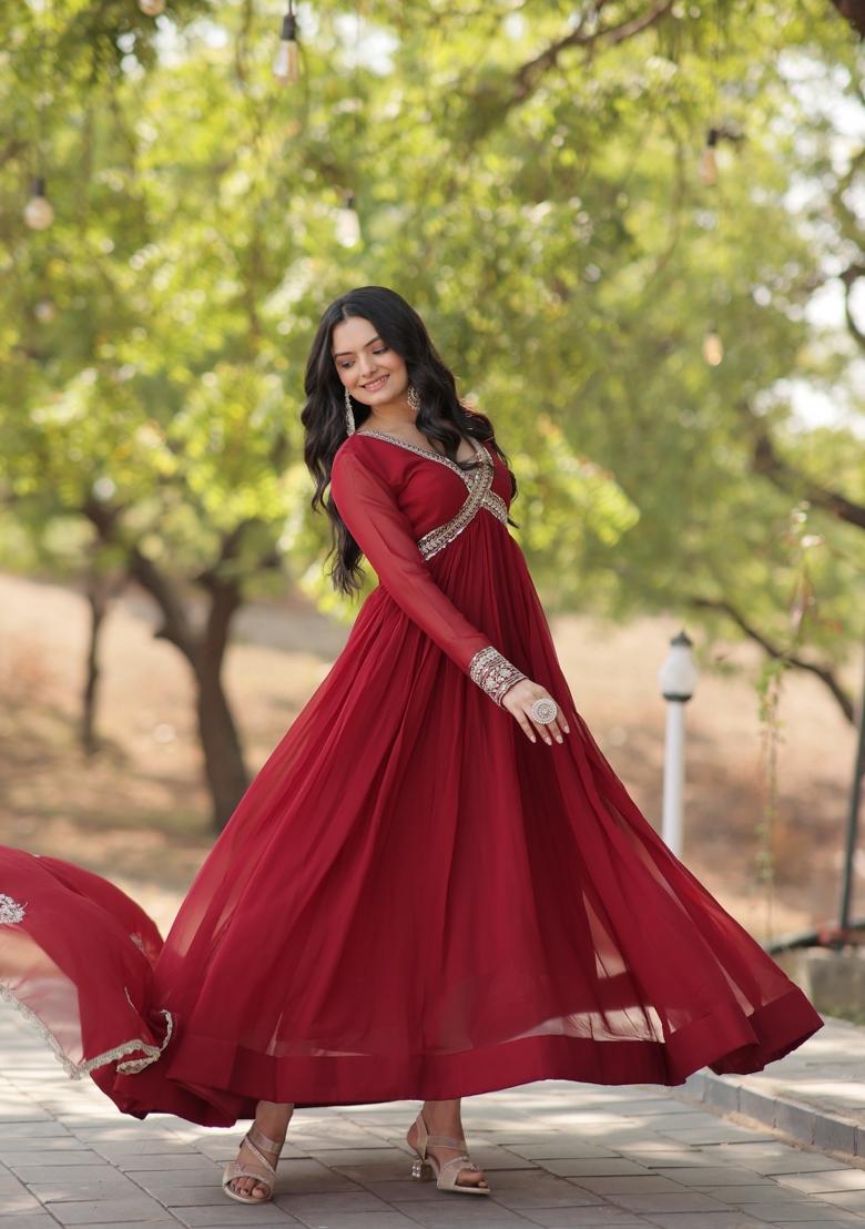 Maroon Zari Work Georgette Anarkali With Dupatta - Indya