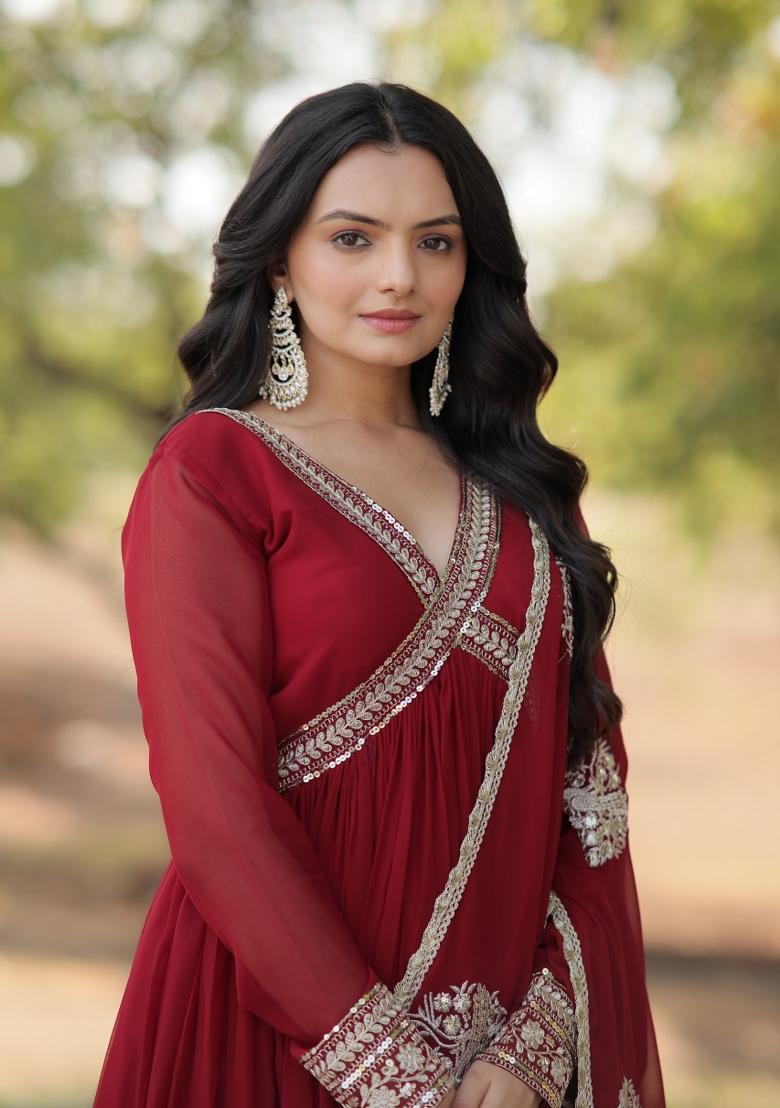 Maroon Zari Work Georgette Anarkali With Dupatta - Indya