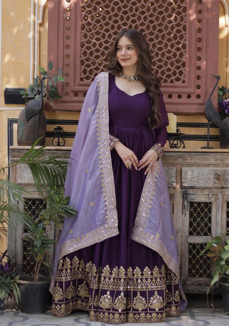 Purple Zari Work Georgette Anarkali With Dupatta - Indya