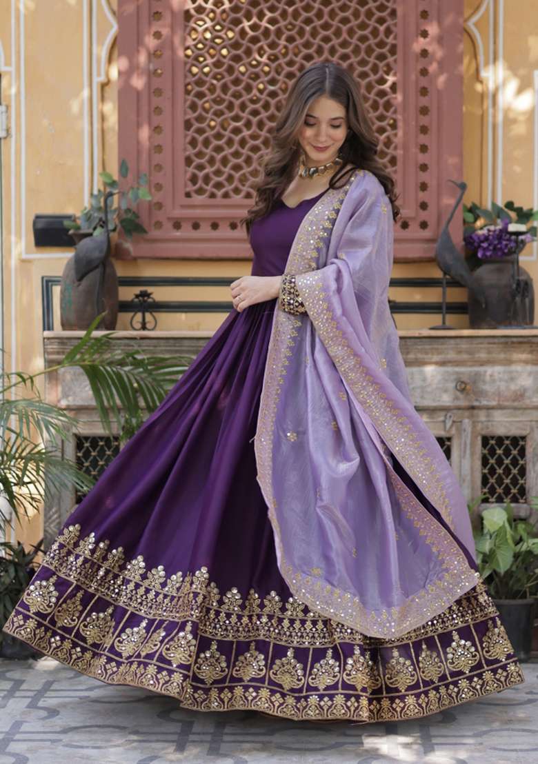 Purple Zari Work Georgette Anarkali With Dupatta - Indya