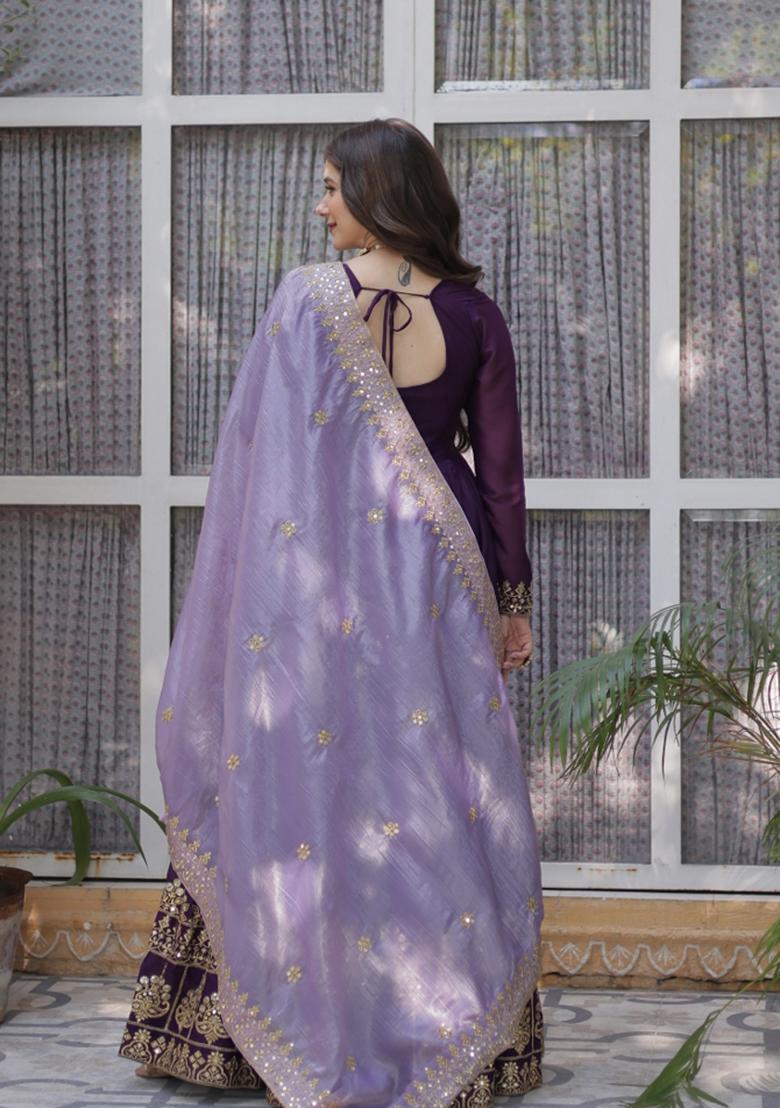 Purple Zari Work Georgette Anarkali With Dupatta - Indya