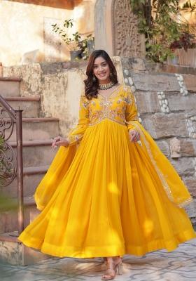 Yellow Zari Work Georgette Anarkali With Dupatta