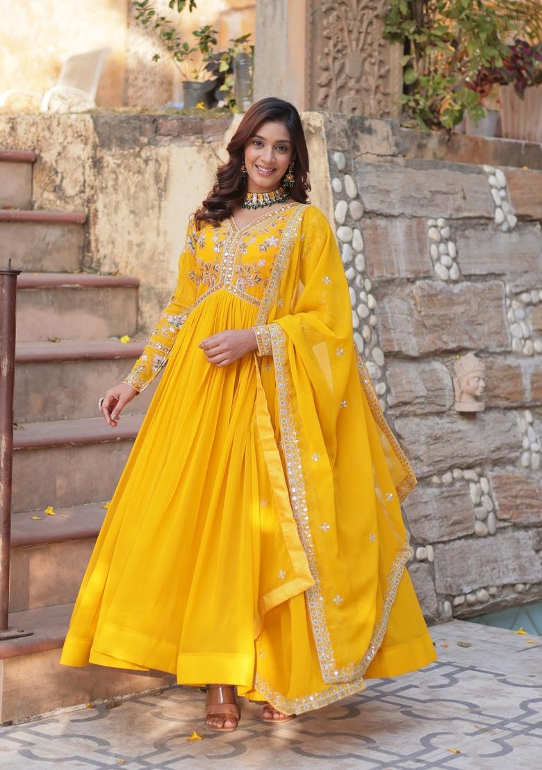 Yellow Zari Work Georgette Anarkali With Dupatta - Indya