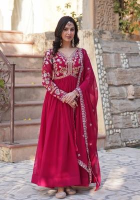 Red Zari Work Georgette Anarkali With Dupatta