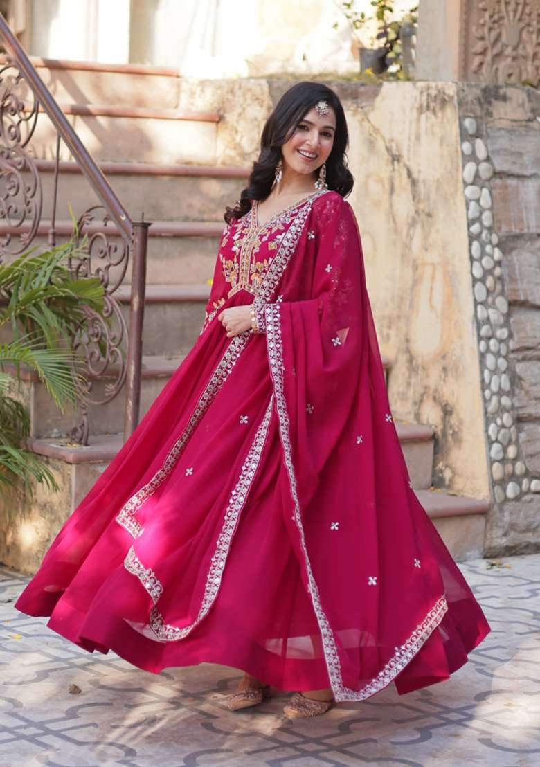 Red Zari Work Georgette Anarkali With Dupatta - Indya