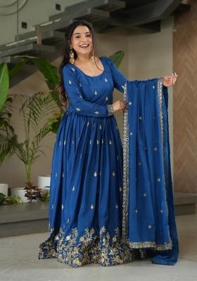 Dark Auqa Blue Zari Work Silk Blend Anarkali With Dupatta