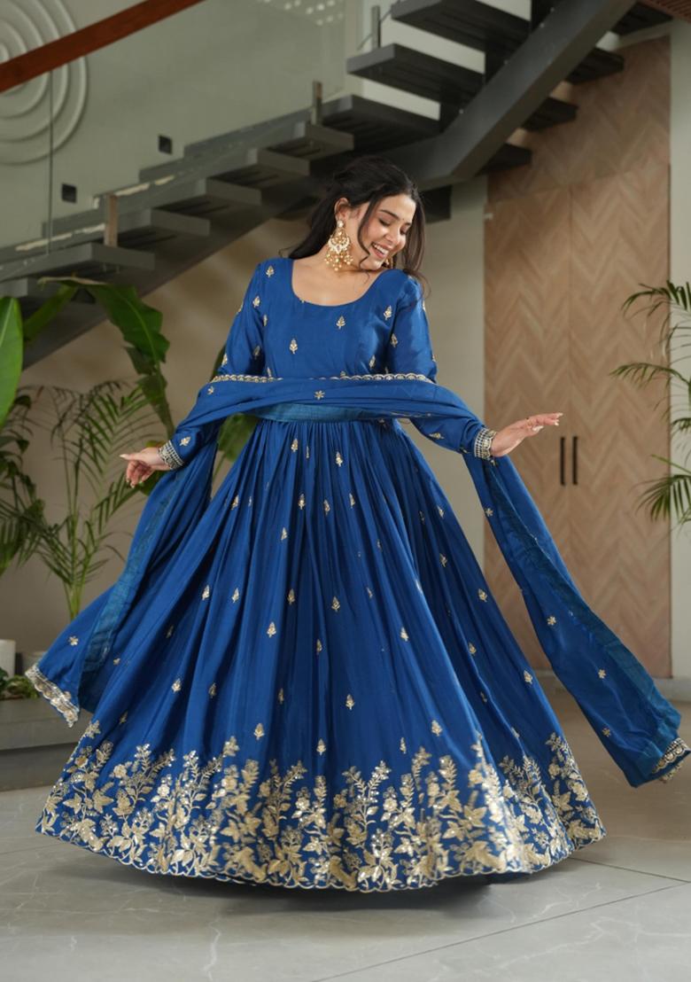 Dark Auqa Blue Zari Work Silk Blend Anarkali With Dupatta - Indya