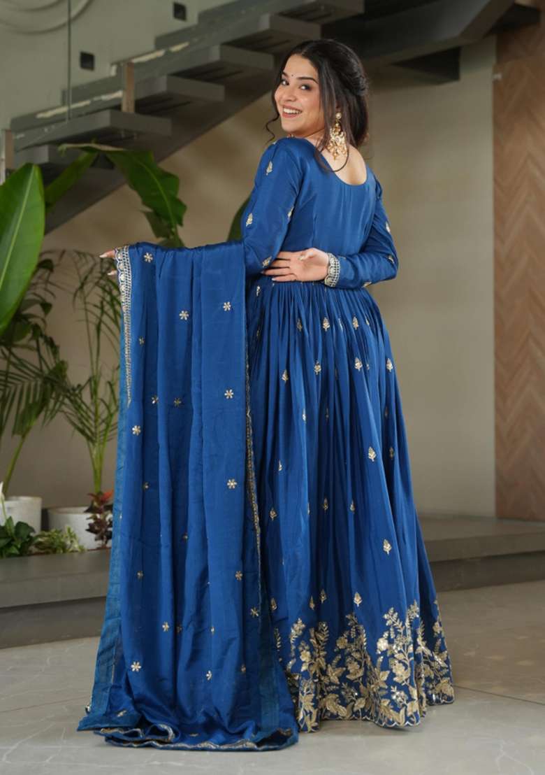Dark Auqa Blue Zari Work Silk Blend Anarkali With Dupatta - Indya