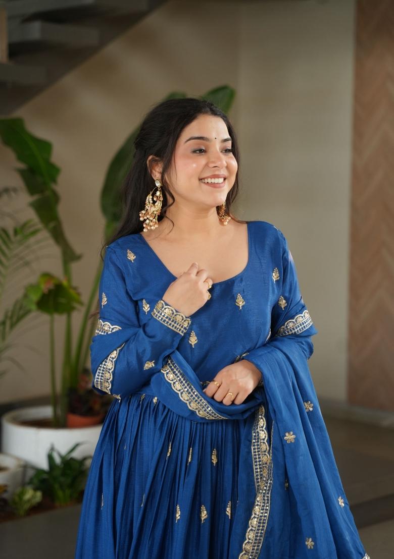 Dark Auqa Blue Zari Work Silk Blend Anarkali With Dupatta - Indya