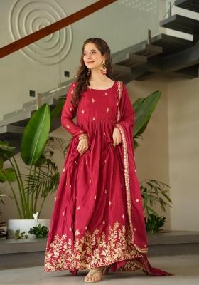 Red Zari Work Silk Blend Anarkali With Dupatta