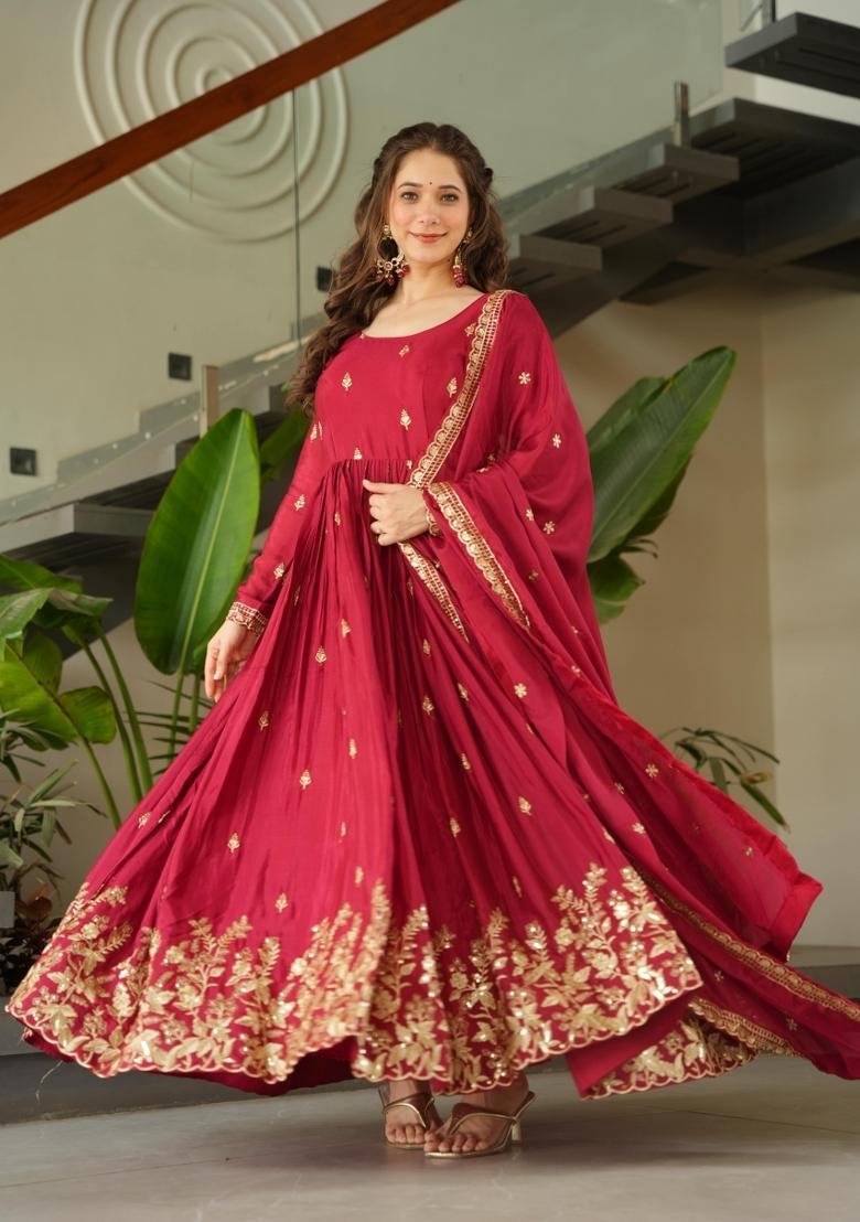 Red Zari Work Silk Blend Anarkali With Dupatta - Indya