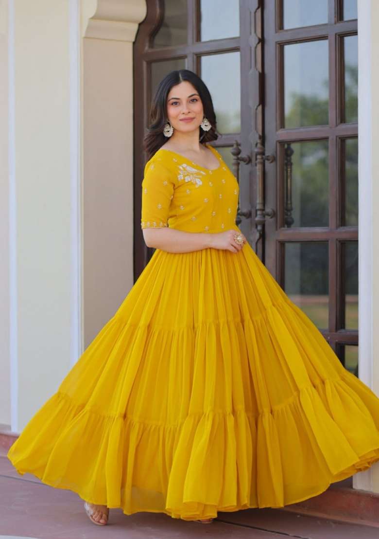 Yellow Embroidered Georgette Anarkali - Indya