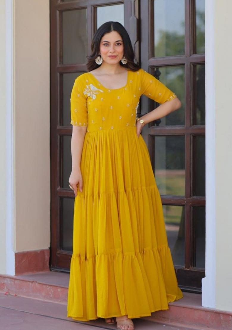 Yellow Embroidered Georgette Anarkali - Indya