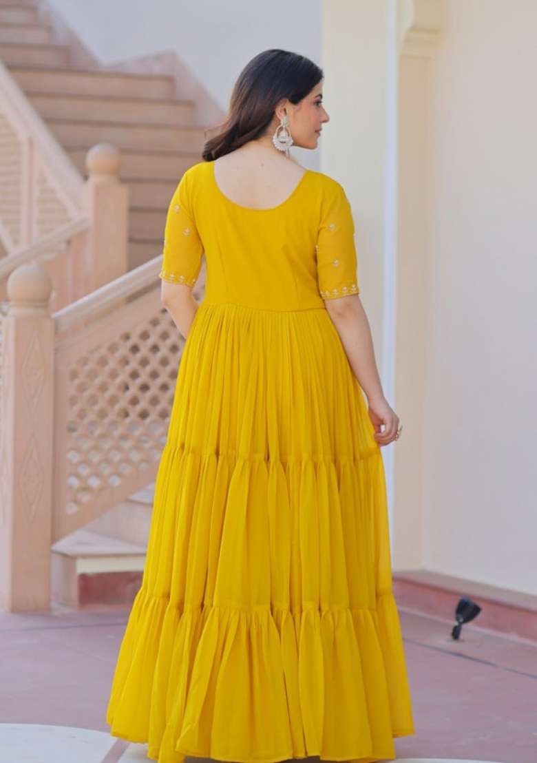 Yellow Embroidered Georgette Anarkali - Indya