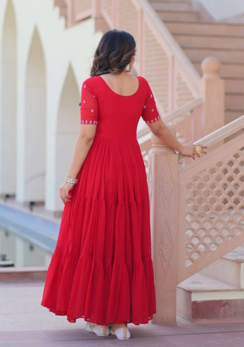 Red Embroidered Georgette Anarkali - Indya