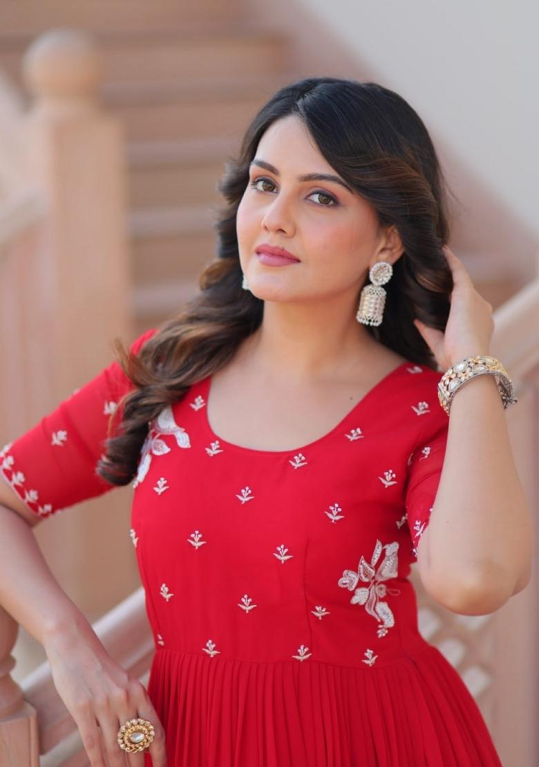 Red Embroidered Georgette Anarkali - Indya