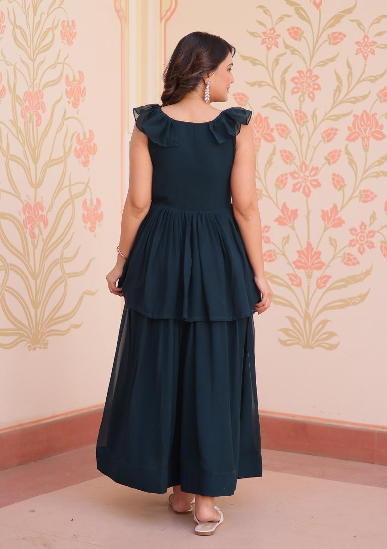 Navy Blue Embroidered Georgette Anarkali - Indya