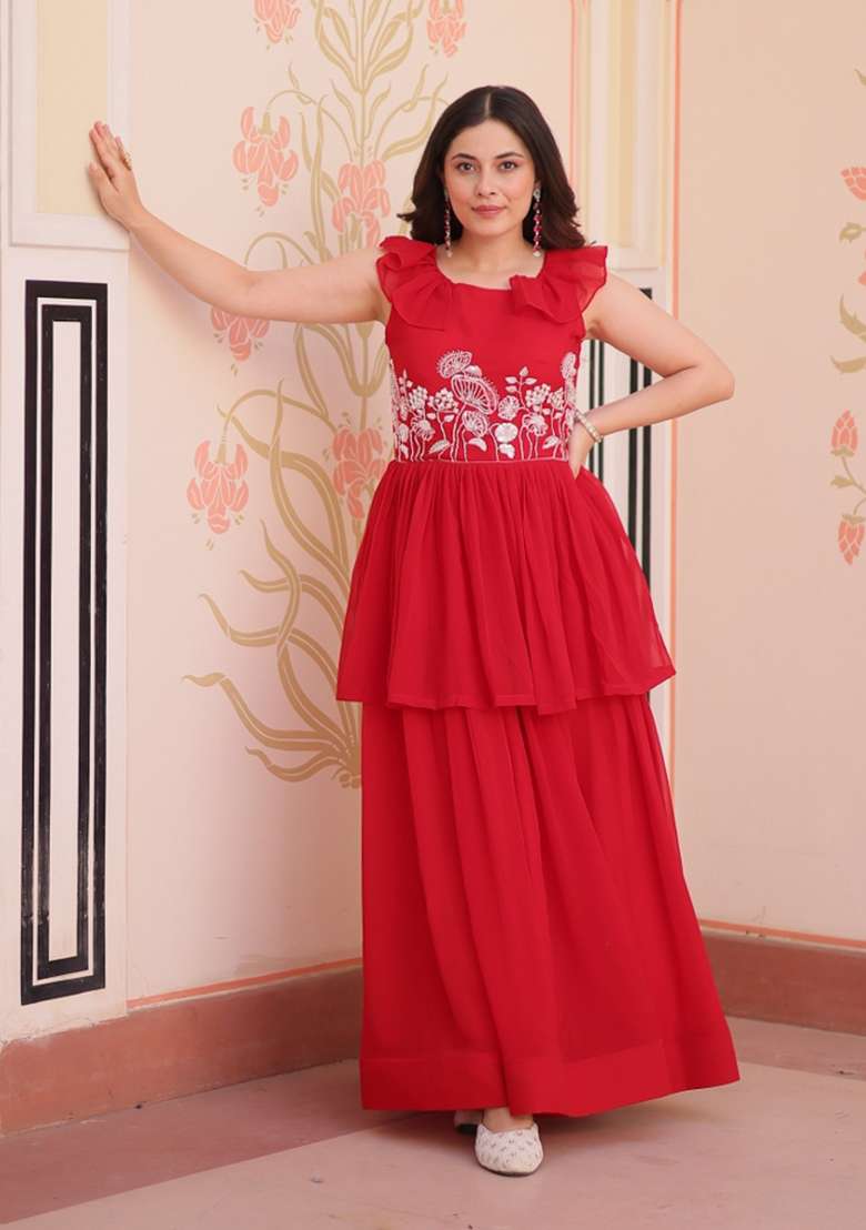 Red Embroidered Georgette Anarkali - Indya