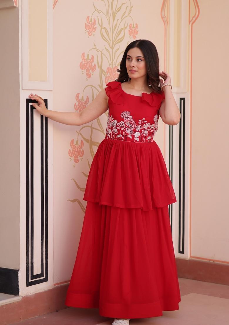 Red Embroidered Georgette Anarkali - Indya