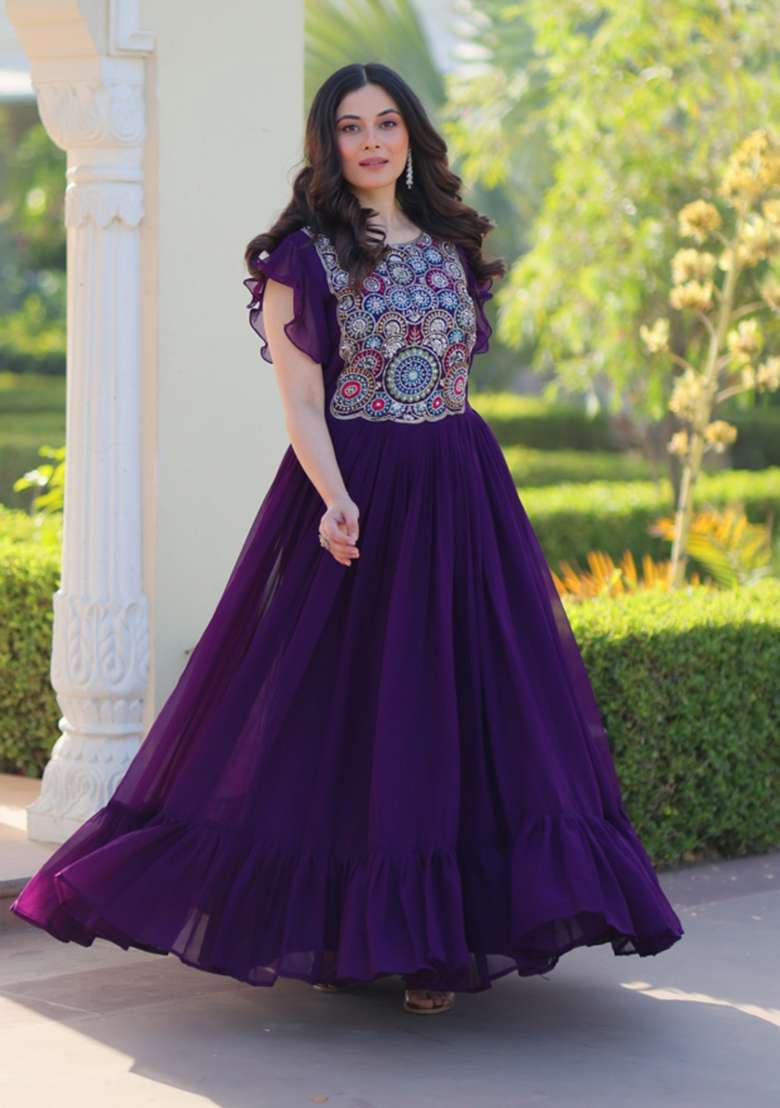 Purple Embroidered Georgette Anarkali - Indya