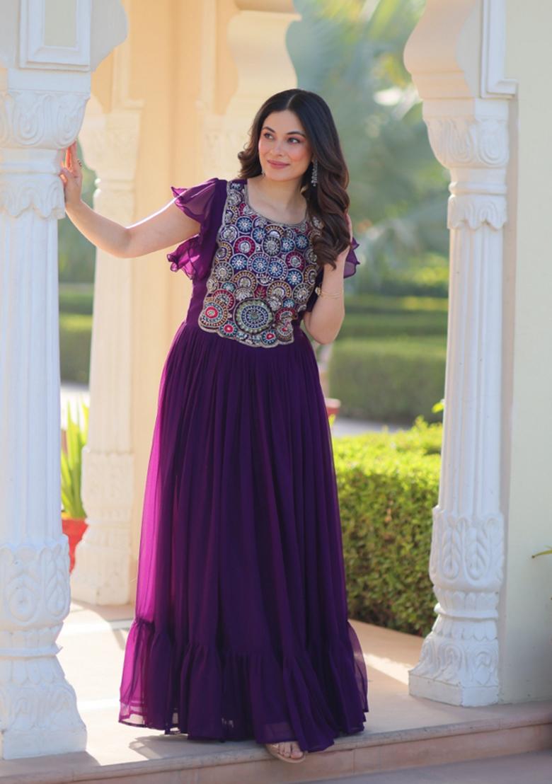 Purple Embroidered Georgette Anarkali - Indya