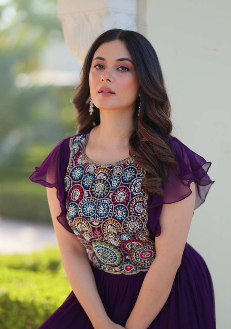Purple Embroidered Georgette Anarkali - Indya