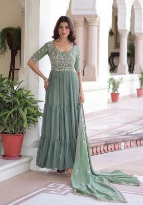 Sea Green Embroidered Georgette Anarkali With Dupatta