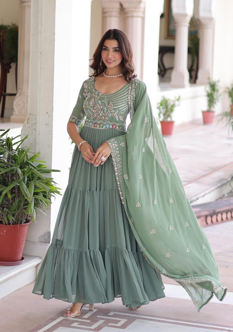 Sea Green Embroidered Georgette Anarkali With Dupatta - Indya