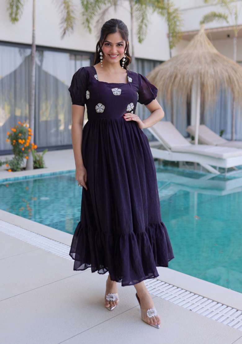 Black Embroidered Silk Blend Anarkali - Indya