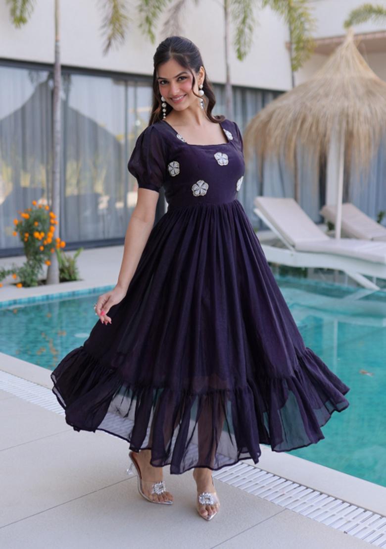 Black Embroidered Silk Blend Anarkali - Indya