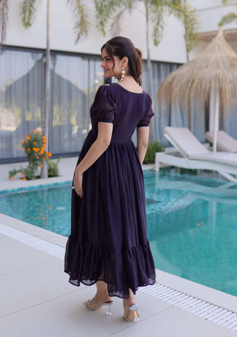 Black Embroidered Silk Blend Anarkali - Indya