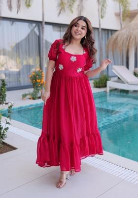 Red Embroidered Silk Blend Anarkali