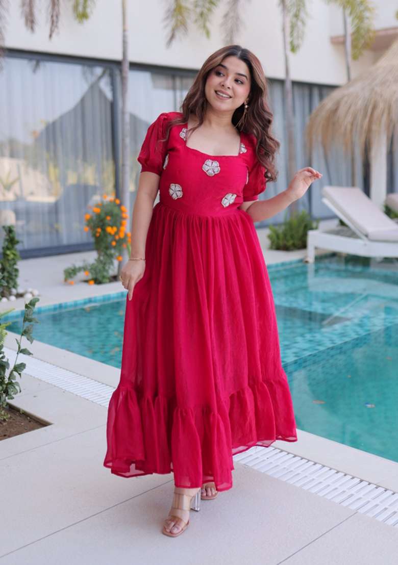 Red Embroidered Silk Blend Anarkali - Indya