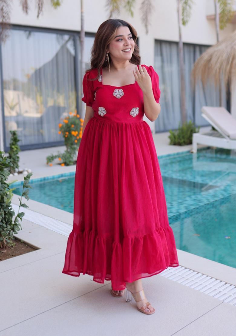 Red Embroidered Silk Blend Anarkali - Indya