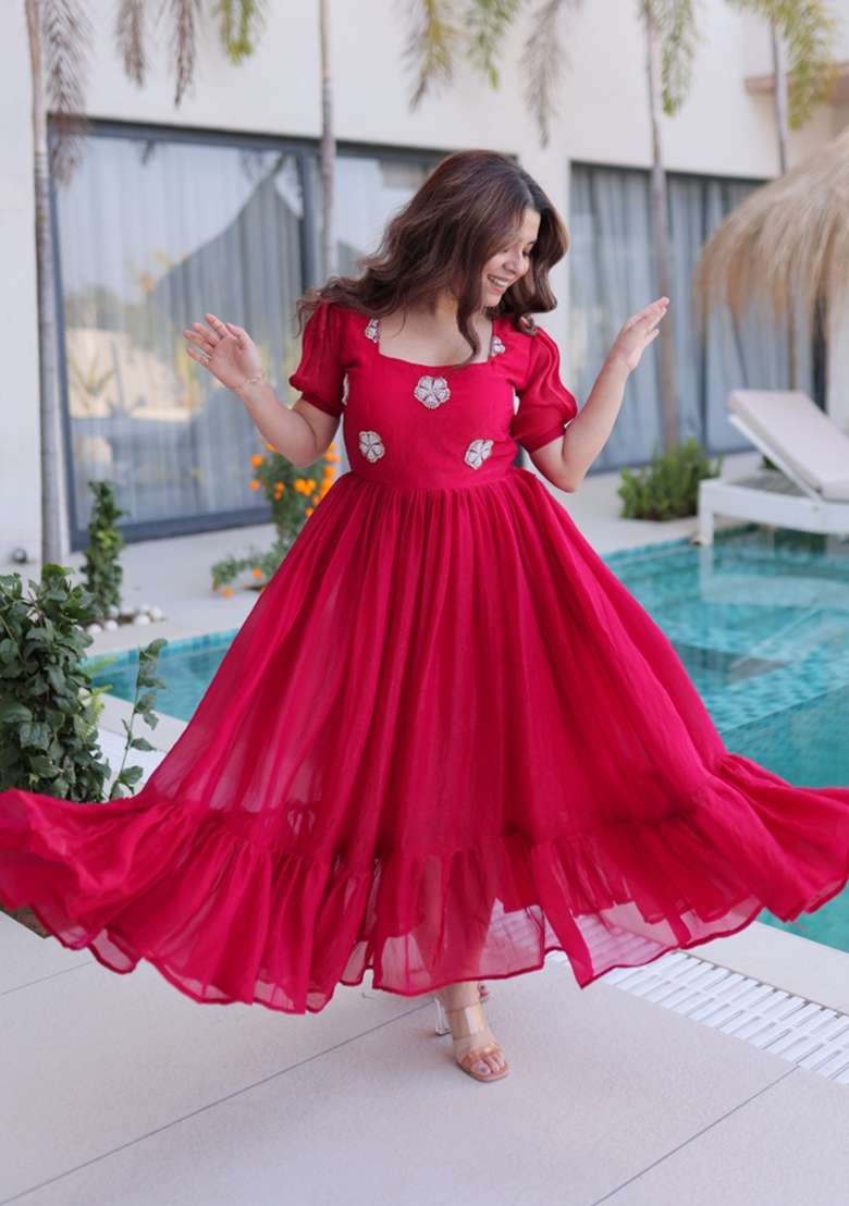 Red Embroidered Silk Blend Anarkali - Indya