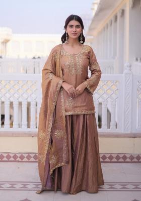 Coffee Embroidered Silk Blend Kurta Set