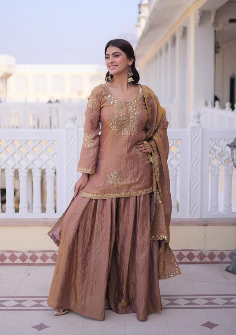 Coffee Embroidered Silk Blend Kurta Set - Indya