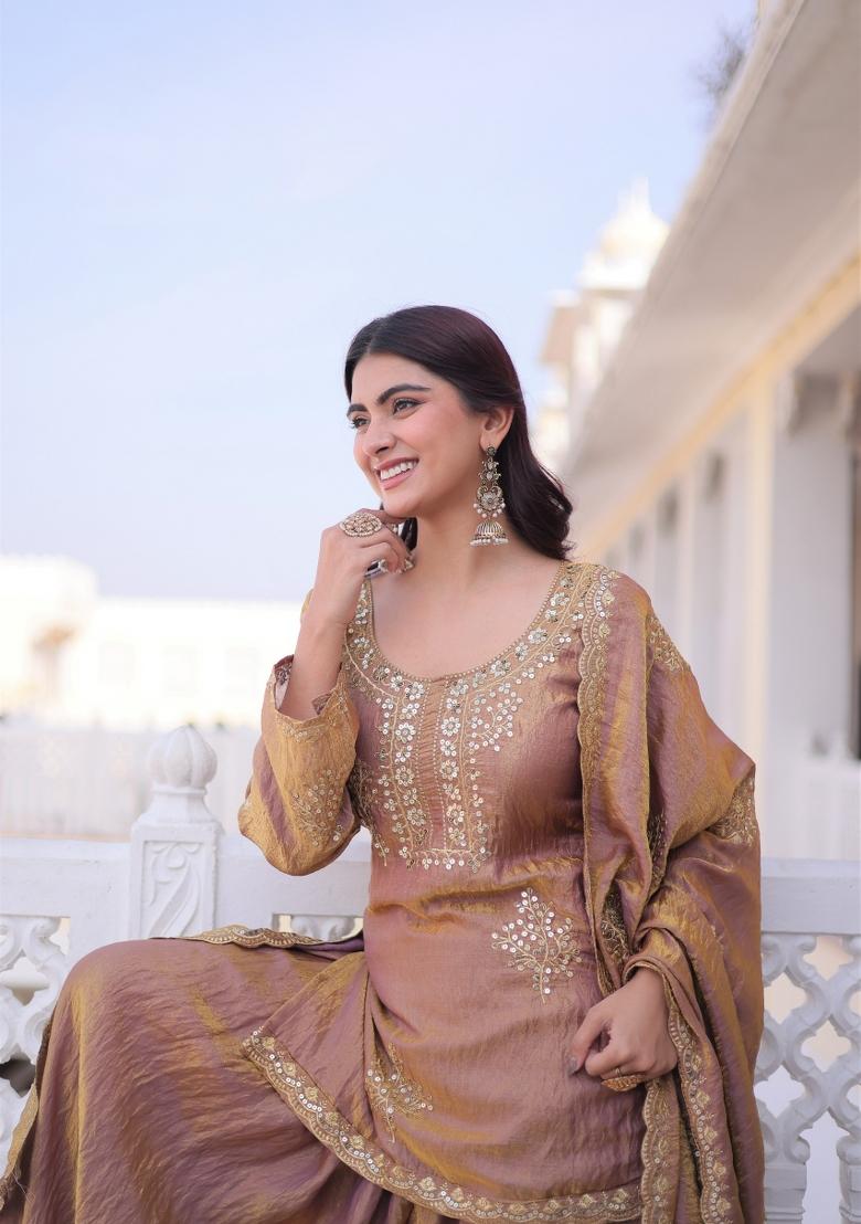 Coffee Embroidered Silk Blend Kurta Set - Indya