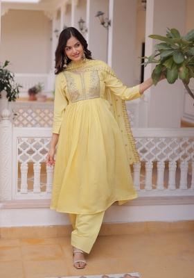 Yellow Embroidered Silk Blend Kurta Set
