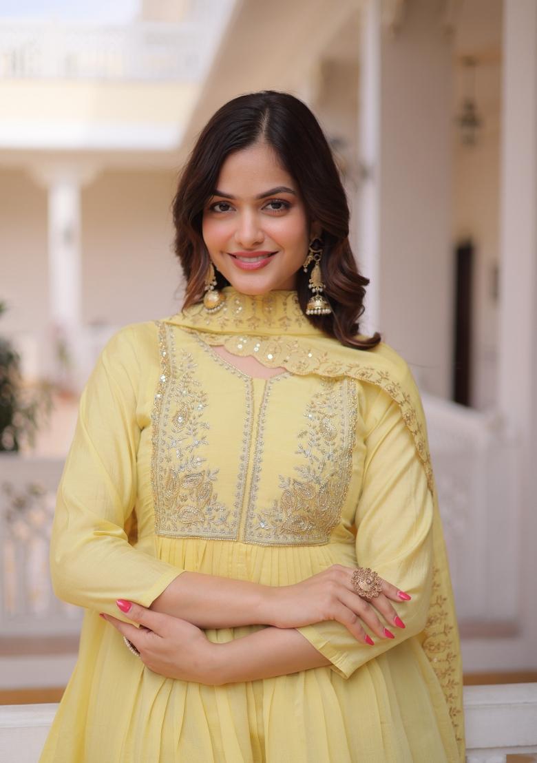 Yellow Embroidered Silk Blend Kurta Set - Indya