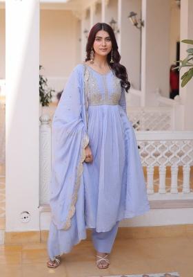Sky Blue Embroidered Silk Blend Kurta Set