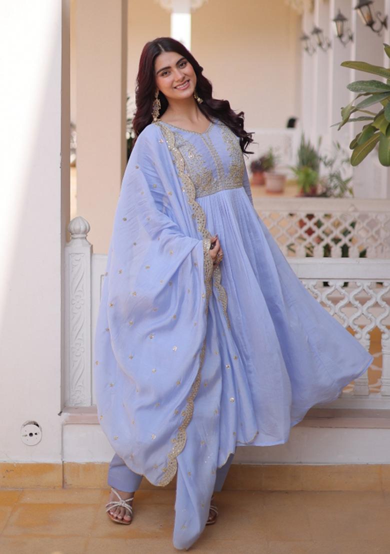 Sky Blue Embroidered Silk Blend Kurta Set - Indya