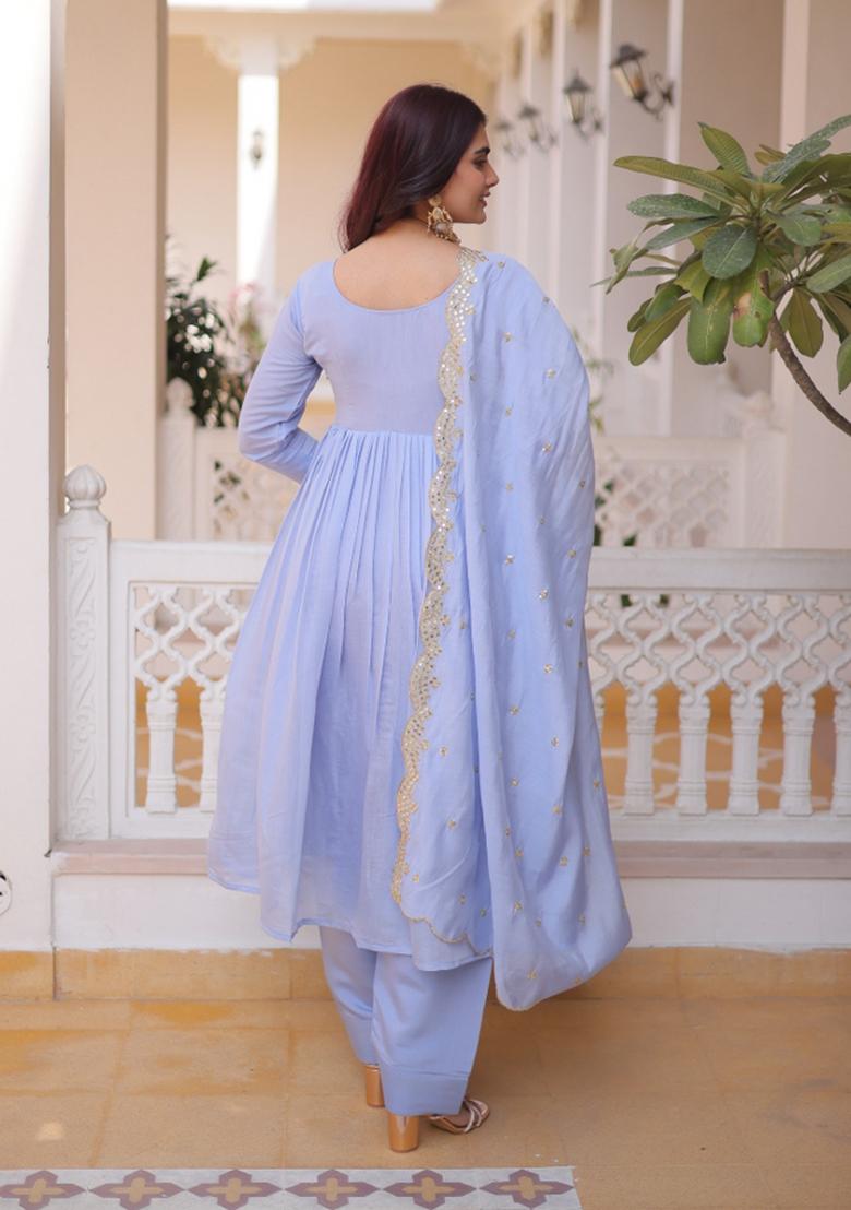 Sky Blue Embroidered Silk Blend Kurta Set - Indya