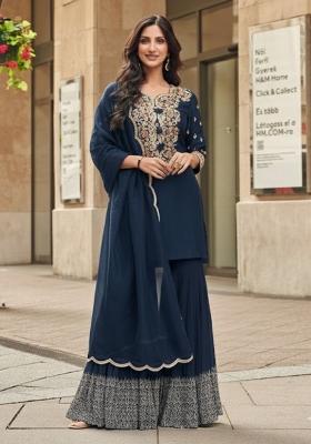 Navy Blue Embroidered Silk Blend Kurta Set