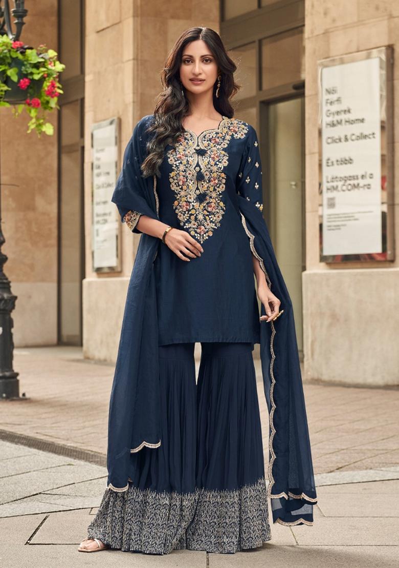 Navy Blue Embroidered Silk Blend Kurta Set - Indya