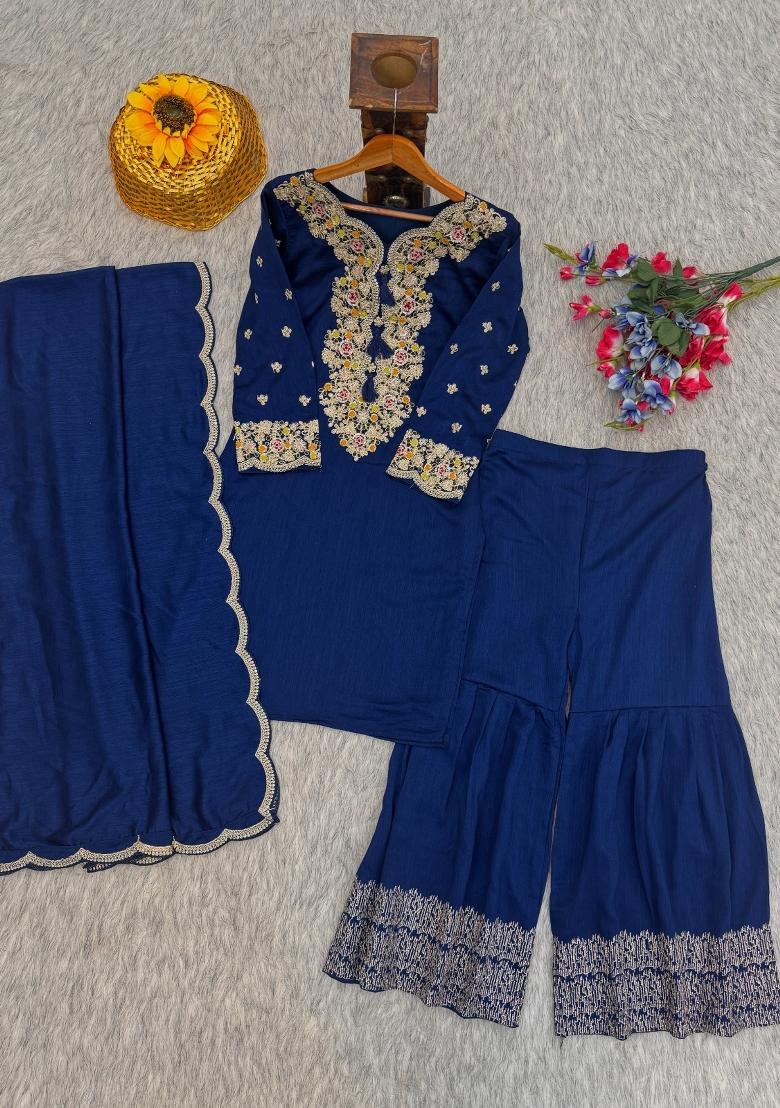 Navy Blue Embroidered Silk Blend Kurta Set - Indya