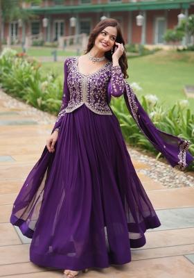 Purple Embroidered Georgette Anarkali With Dupatta