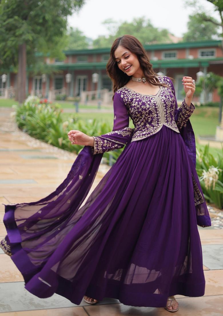 Purple Embroidered Georgette Anarkali With Dupatta - Indya