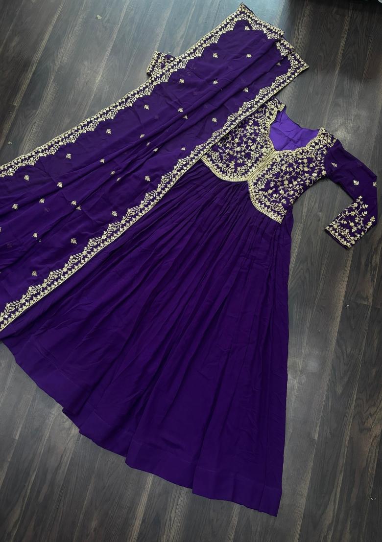 Purple Embroidered Georgette Anarkali With Dupatta - Indya